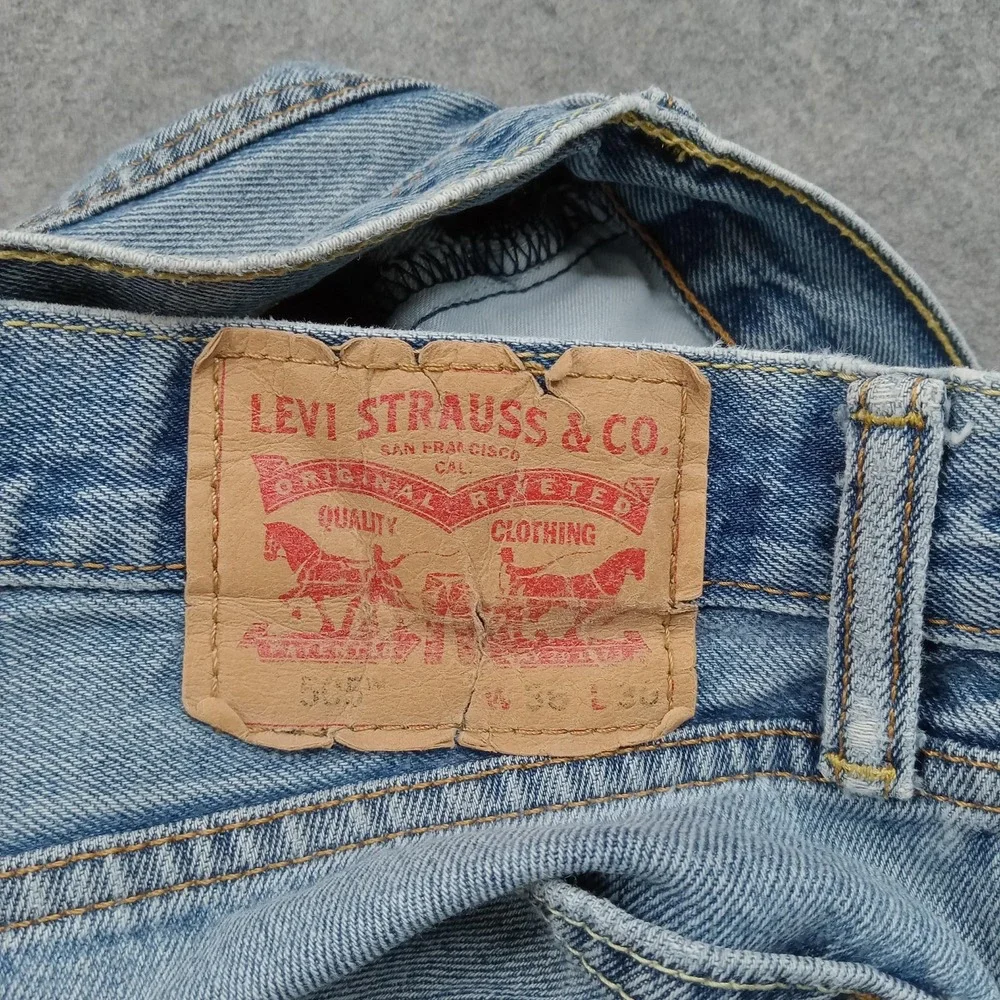 Levis 501 Jeans Mens‎ 36x29 Light Wash Blue Regular Straight Denim Distressed